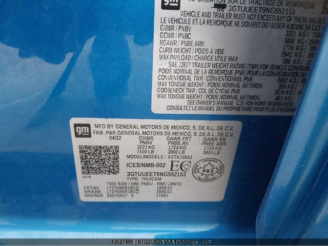Продаж на аукціоні авто 2022 Gmc Sierra K1500 At4, vin: 3GTUUEET9NG552153, номер лоту: 12627400