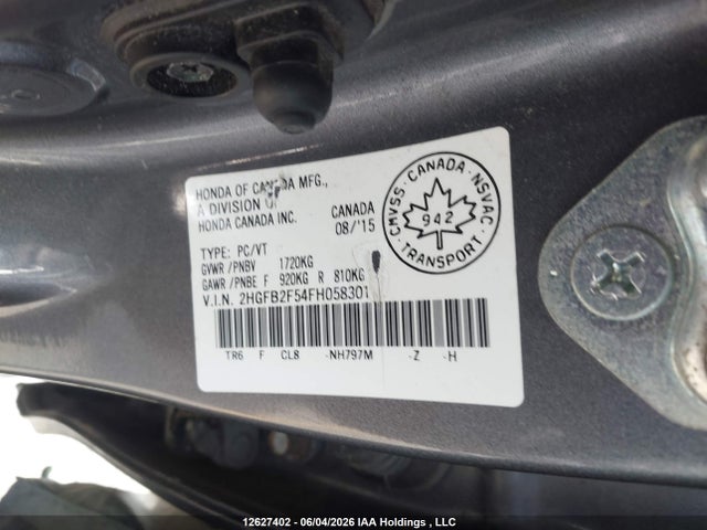 2015 Honda Civic მანქანა იყიდება აუქციონზე, vin: 2HGFB2F54FH058301, აუქციონის ნომერი: 12627402