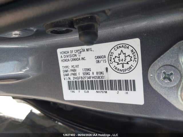 2015 Honda Civic მანქანა იყიდება აუქციონზე, vin: 2HGFB2F54FH058301, აუქციონის ნომერი: 12627402