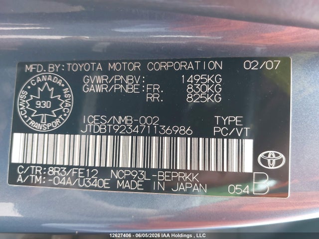 2007 Toyota Yaris მანქანა იყიდება აუქციონზე, vin: JTDBT923471136986, აუქციონის ნომერი: 12627406
