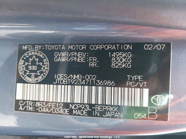 2007 Toyota Yaris მანქანა იყიდება აუქციონზე, vin: JTDBT923471136986, აუქციონის ნომერი: 12627406