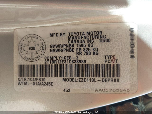 Продаж на аукціоні авто 2001 Toyota Corolla Ce/le/s, vin: 2T1BR12E81C838989, номер лоту: 12627418
