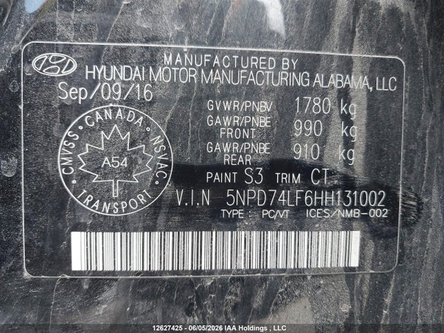 12627425 :رقم المزاد ، 5NPD74LF6HH131002 vin ، 2017 Hyundai Elantra Le مزاد بيع