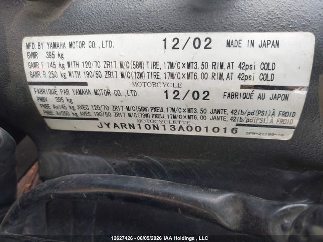 Продажа на аукционе авто 2003 Yamaha Yzfr1, vin: JYARN10N13A001016, номер лота: 12627426