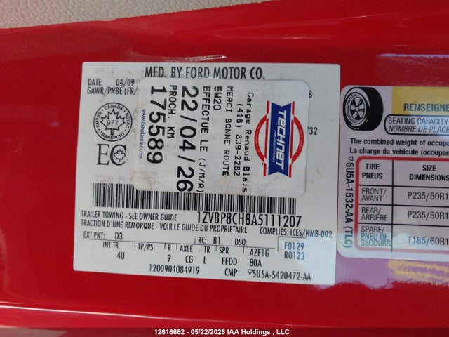 12616662 :رقم المزاد ، 1ZVBP8CH8A5111207 vin ، 2010 Ford Mustang Gt مزاد بيع