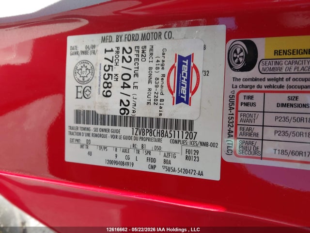 12616662 :رقم المزاد ، 1ZVBP8CH8A5111207 vin ، 2010 Ford Mustang Gt مزاد بيع