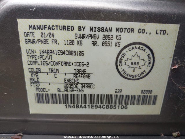 12627435 :رقم المزاد ، 1N4BA41E94C885106 vin ، 2004 Nissan Maxima Se/sl مزاد بيع