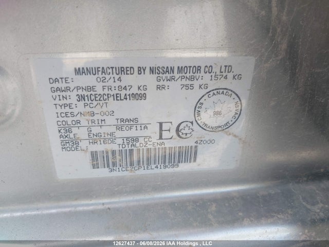 Продаж на аукціоні авто 2014 Nissan Versa Note 1.6 S/1.6 Sl/1.6 Sv, vin: 3N1CE2CP1EL419099, номер лоту: 12627437