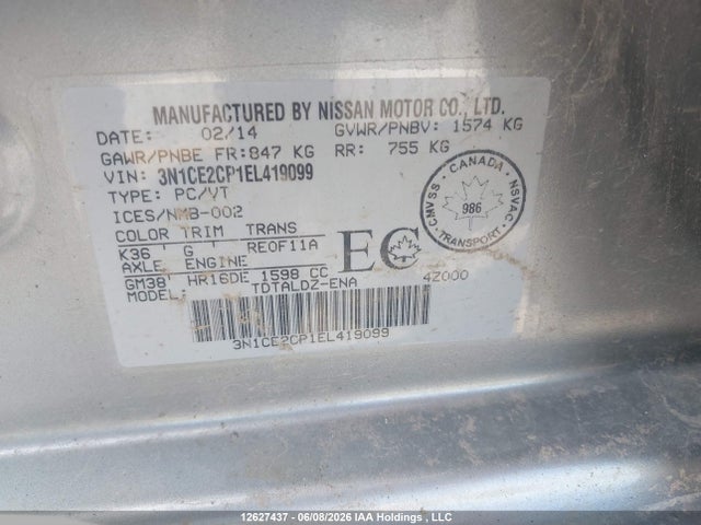 Продаж на аукціоні авто 2014 Nissan Versa Note 1.6 S/1.6 Sl/1.6 Sv, vin: 3N1CE2CP1EL419099, номер лоту: 12627437