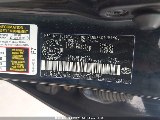 2014 Toyota Camry Le მანქანა იყიდება აუქციონზე, vin: 4T1BF1FK9EU359512, აუქციონის ნომერი: 12627440