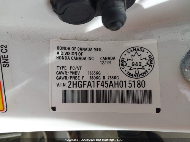 12627442 :رقم المزاد ، 2HGFA1F45AH015180 vin ، 2010 Honda Civic Dx-g مزاد بيع