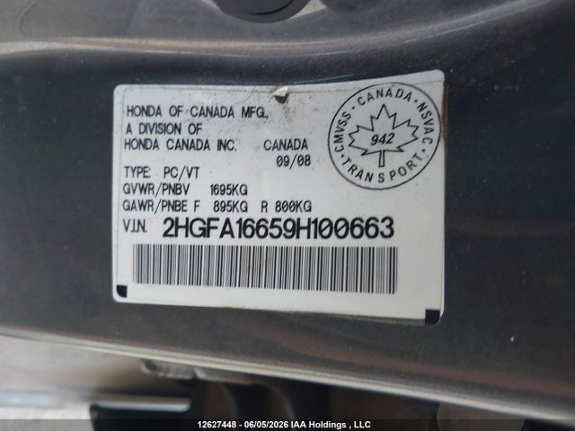 2009 Honda Civic Sport მანქანა იყიდება აუქციონზე, vin: 2HGFA16659H100663, აუქციონის ნომერი: 12627448