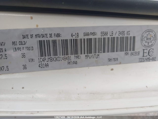 12627459 :رقم المزاد ، 1C4PJMBX3KD148491 vin ، 2019 Jeep Cherokee Trailhawk مزاد بيع