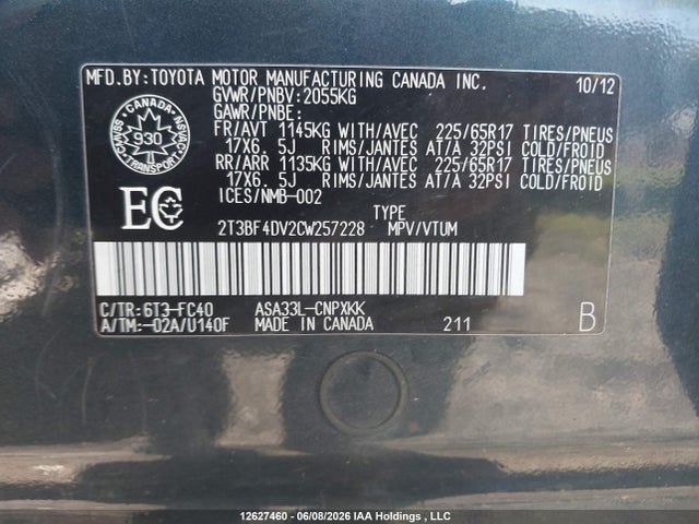 12627460 :رقم المزاد ، 2T3BF4DV2CW257228 vin ، 2012 Toyota Rav4 مزاد بيع