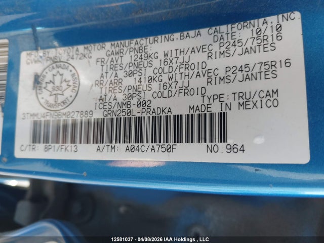 2011 Toyota Tacoma V6 მანქანა იყიდება აუქციონზე, vin: 3TMMU4FN9BM027889, აუქციონის ნომერი: 12581037