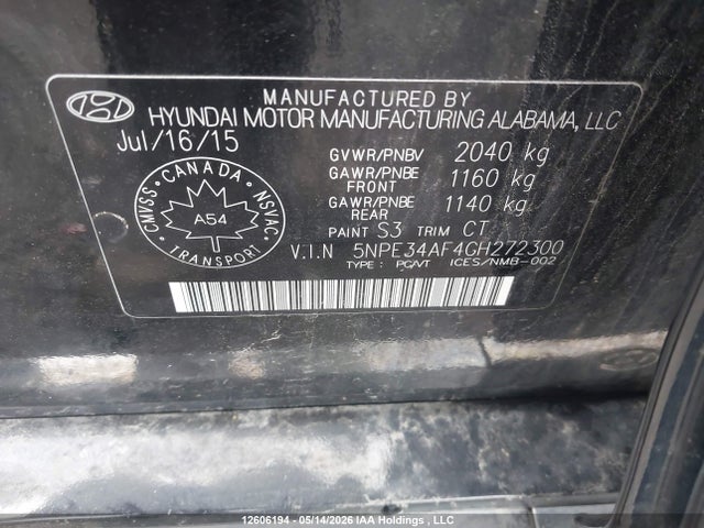 Aukcja sprzedaży 2016 Hyundai Sonata Sport Tech, vin: 5NPE34AF4GH272300, numer aukcji: 12606194