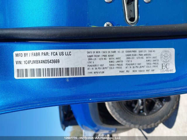 12607775 :رقم المزاد ، 1C4PJMBX4ND543669 vin ، 2022 Jeep Cherokee Trailhawk مزاد بيع