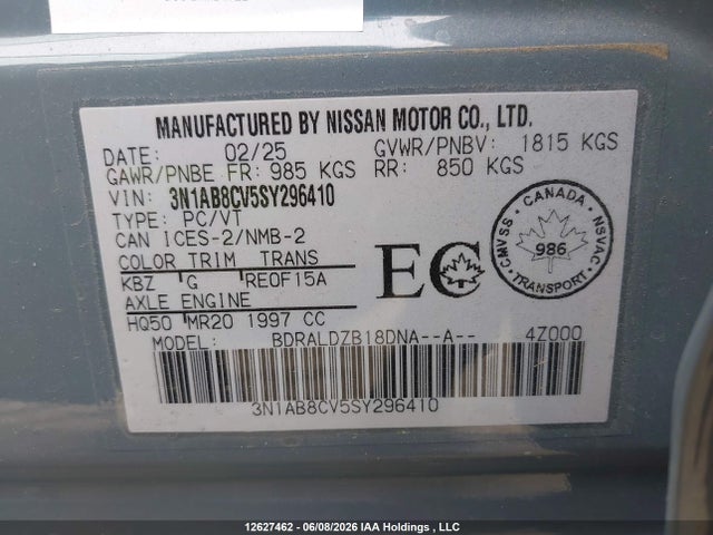 Продаж на аукціоні авто 2025 Nissan Sentra Sv, vin: 3N1AB8CV5SY296410, номер лоту: 12627462