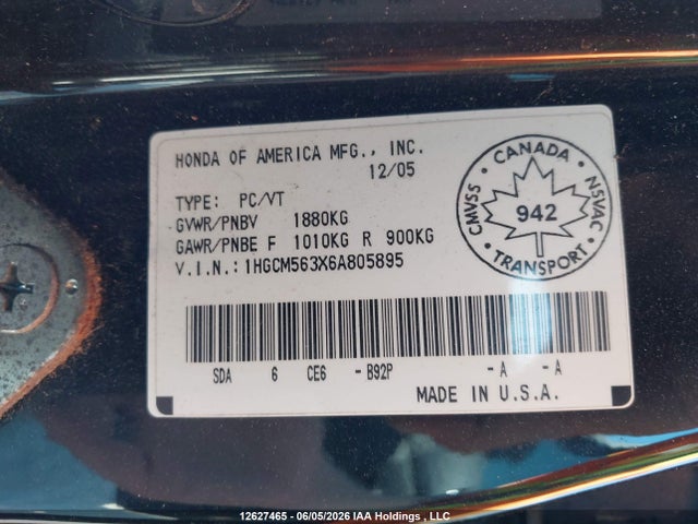 Aukcja sprzedaży 2006 Honda Accord Se, vin: 1HGCM563X6A805895, numer aukcji: 12627465