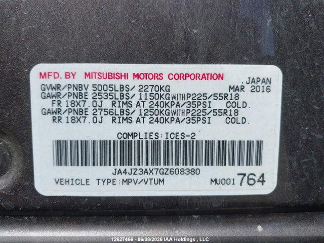 JA4JZ3AX7GZ608380 Mitsubishi Outlander Se/sel
