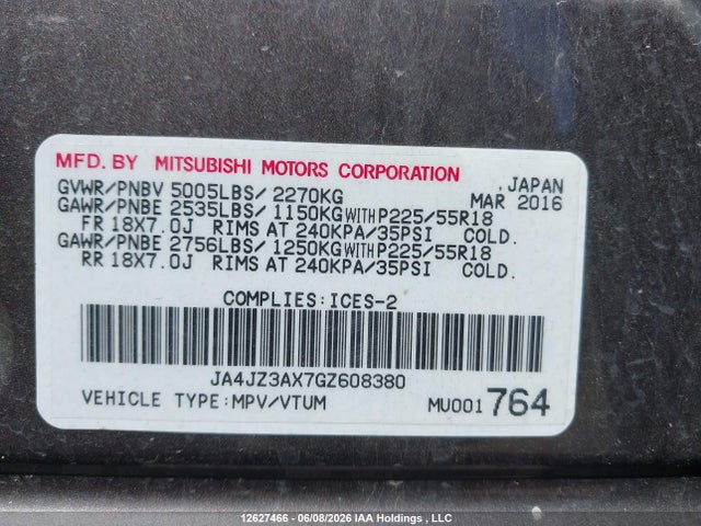 JA4JZ3AX7GZ608380 Mitsubishi Outlander Se/sel