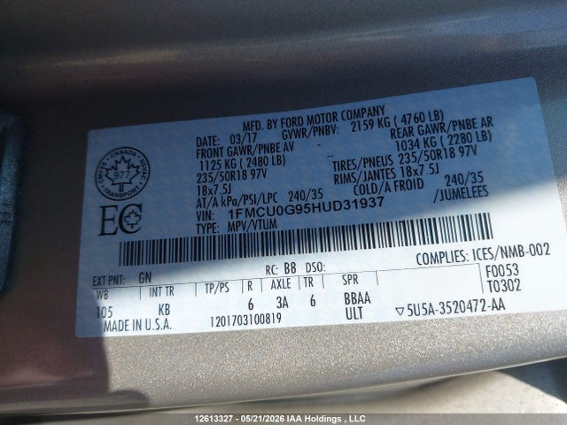 Продаж на аукціоні авто 2017 Ford Escape Se, vin: 1FMCU0G95HUD31937, номер лоту: 12613327