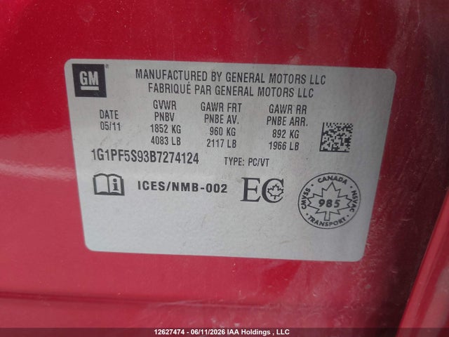 Продаж на аукціоні авто 2011 Chevrolet Cruze, vin: 1G1PF5S93B7274124, номер лоту: 12627474