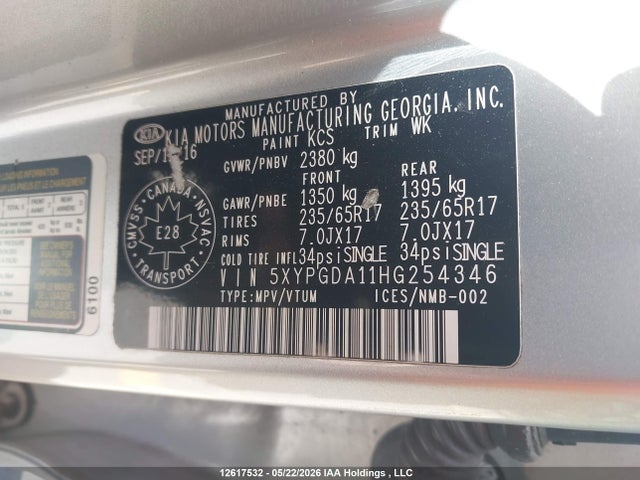 12617532 :رقم المزاد ، 5XYPGDA11HG254346 vin ، 2017 Kia Sorento 2.0l Lx Turbo مزاد بيع