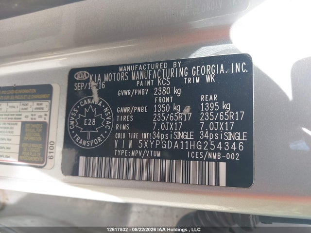 12617532 :رقم المزاد ، 5XYPGDA11HG254346 vin ، 2017 Kia Sorento 2.0l Lx Turbo مزاد بيع
