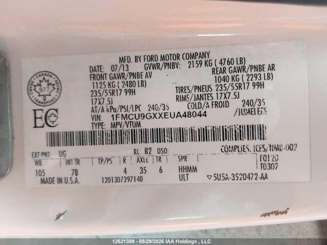 2014 Ford Escape Se მანქანა იყიდება აუქციონზე, vin: 1FMCU9GXXEUA48044, აუქციონის ნომერი: 12621389