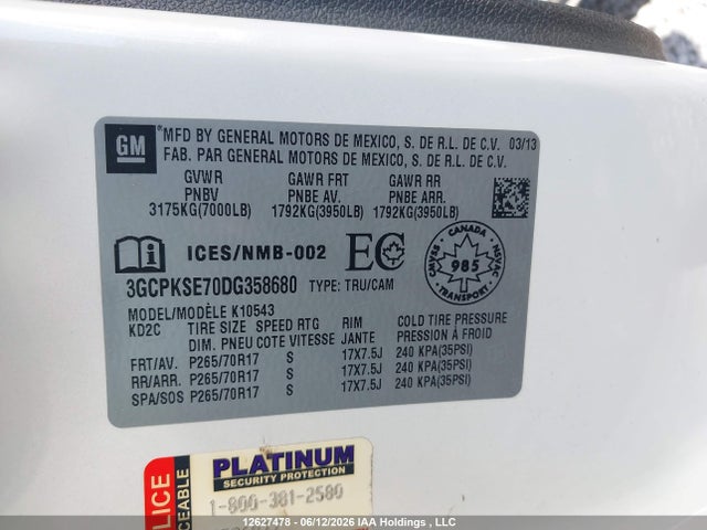 2013 Chevrolet Silverado 1500 Lt მანქანა იყიდება აუქციონზე, vin: 3GCPKSE70DG358680, აუქციონის ნომერი: 12627478