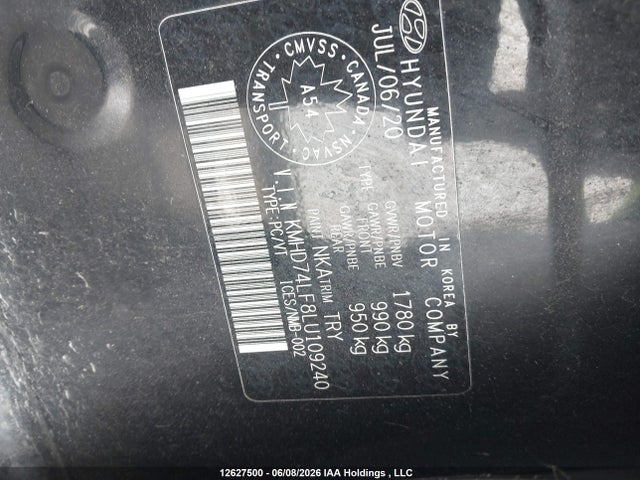 12627500 :رقم المزاد ، KMHD74LF8LU109240 vin ، 2020 Hyundai Elantra مزاد بيع