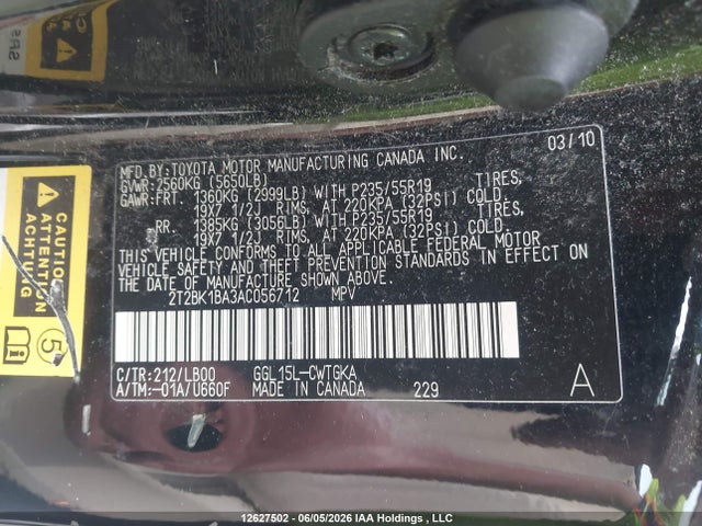Продажа на аукционе авто 2010 Lexus Rx 350, vin: 2T2BK1BA3AC056712, номер лота: 12627502