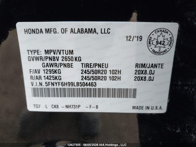 12627505 :رقم المزاد ، 5FNYF6H99LB504463 vin ، 2020 Honda Pilot Touring مزاد بيع