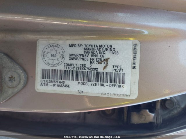 12627514 :رقم المزاد ، 2T1BR12E6XC752282 vin ، 1999 Toyota Corolla Ce/le مزاد بيع