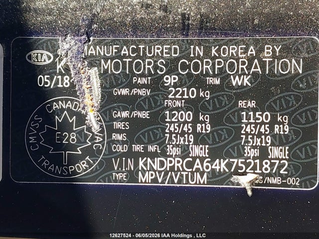 12627524 :رقم المزاد ، KNDPRCA64K7521872 vin ، 2019 Kia Sportage Sx مزاد بيع