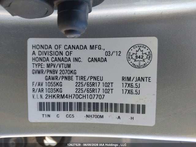 Aukcja sprzedaży 2012 Honda Cr-v Exl, vin: 2HKRM4H70CH107707, numer aukcji: 12627529