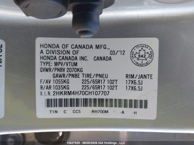 Aukcja sprzedaży 2012 Honda Cr-v Exl, vin: 2HKRM4H70CH107707, numer aukcji: 12627529