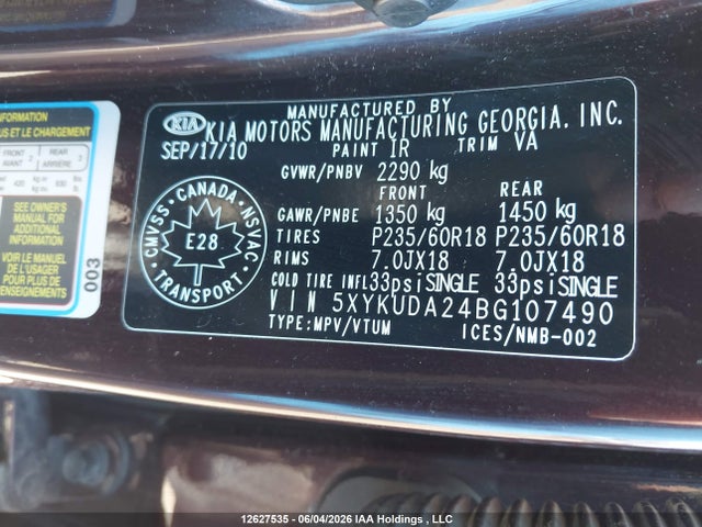 Auction sale of the 2011 Kia Sorento Ex, vin: 5XYKUDA24BG107490, lot number: 12627535