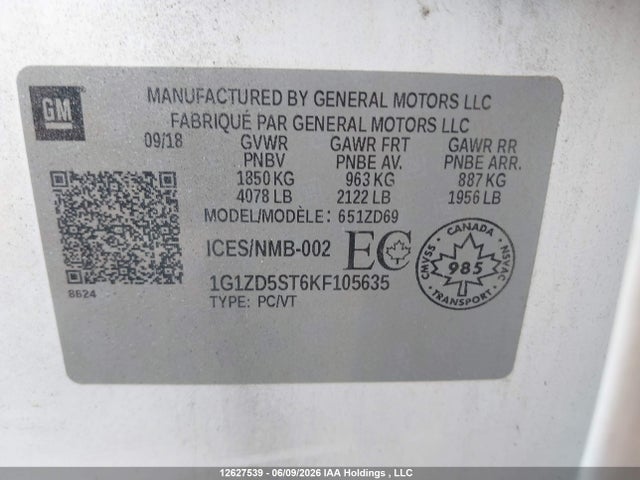 Продажа на аукционе авто 2019 Chevrolet Malibu Lt, vin: 1G1ZD5ST6KF105635, номер лота: 12627539