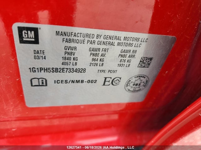 Продаж на аукціоні авто 2014 Chevrolet Cruze Eco, vin: 1G1PH5SB2E7334928, номер лоту: 12627541