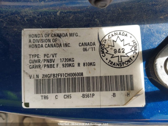 Auction sale of the 2012 Honda Civic Ex-l, vin: 2HGFB2F91CH006008, lot number: 12627543