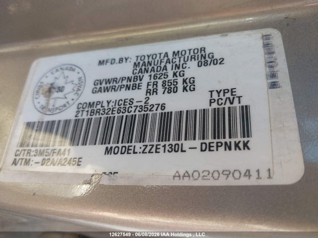 Aukcja sprzedaży 2003 Toyota Corolla, vin: 2T1BR32E63C735276, numer aukcji: 12627549
