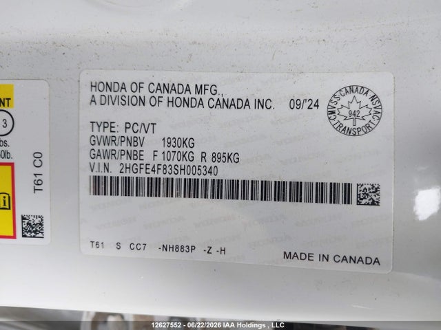 Aukcja sprzedaży 2025 Honda Civic Hybrid, vin: 2HGFE4F83SH005340, numer aukcji: 12627552