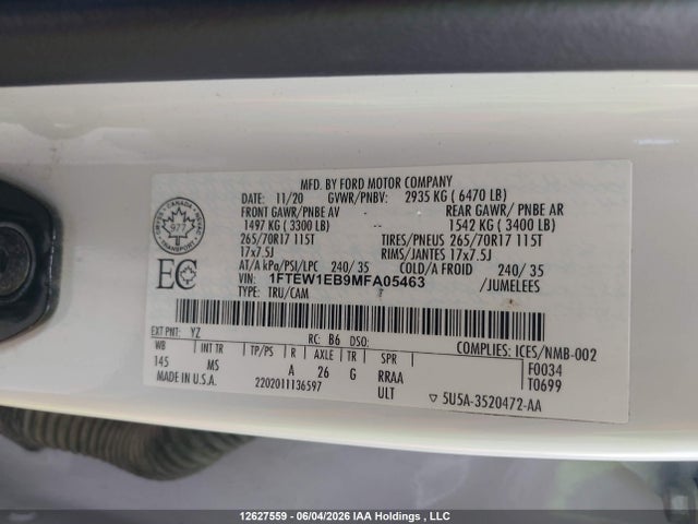 Продажа на аукционе авто 2021 Ford F-150 Xl/xlt, vin: 1FTEW1EB9MFA05463, номер лота: 12627559