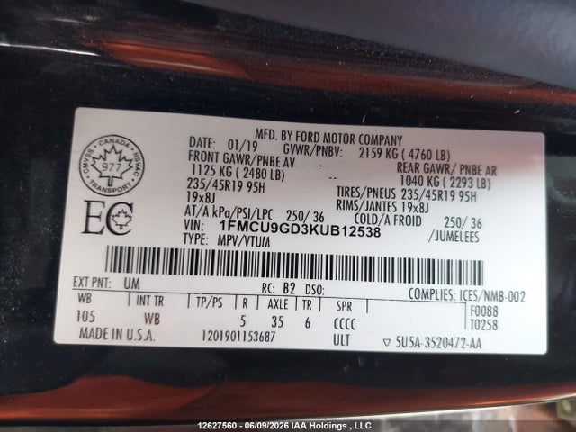 Продажа на аукционе авто 2019 Ford Escape Se, vin: 1FMCU9GD3KUB12538, номер лота: 12627560