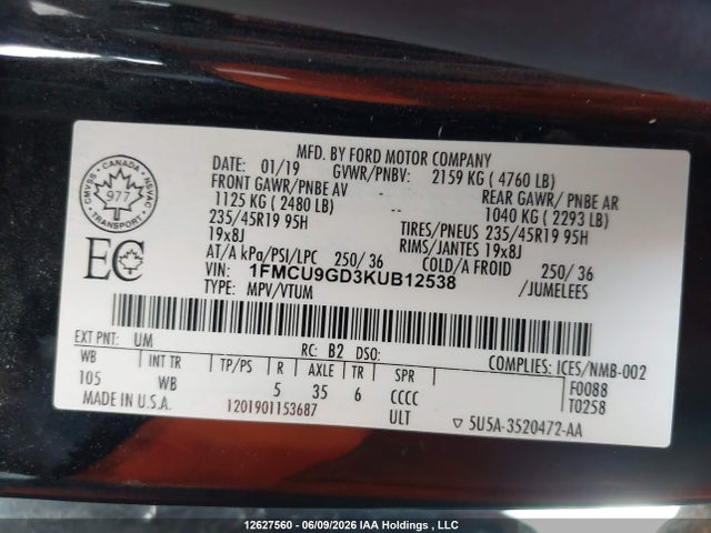 Продажа на аукционе авто 2019 Ford Escape Se, vin: 1FMCU9GD3KUB12538, номер лота: 12627560