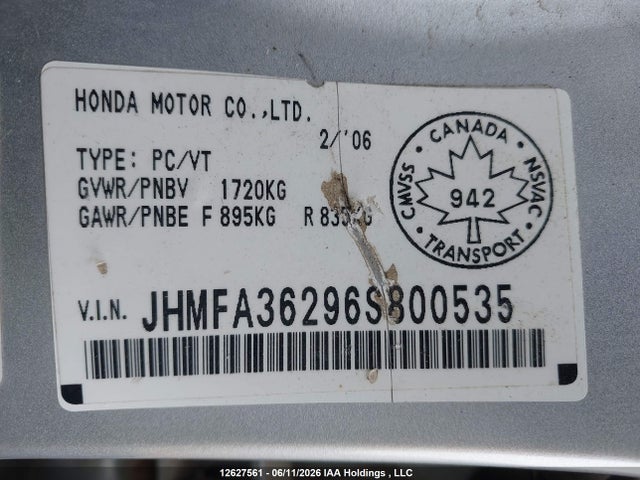 Продажа на аукционе авто 2006 Honda Civic Hybrid, vin: JHMFA36296S800535, номер лота: 12627561