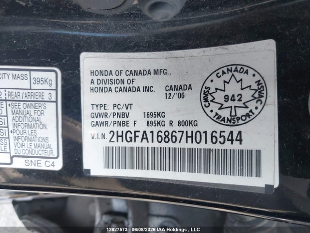 Продажа на аукционе авто 2007 Honda Civic Ex, vin: 2HGFA16867H016544, номер лота: 12627573