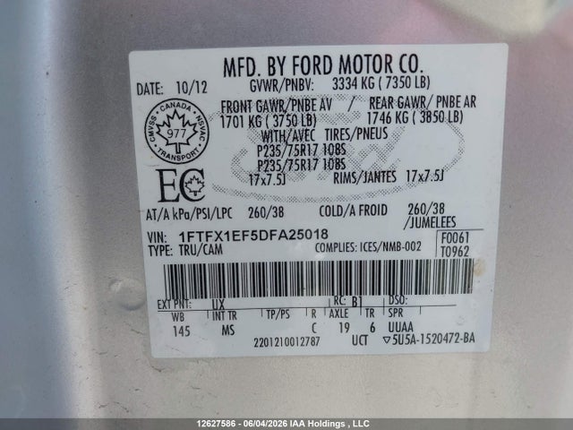 12627586 :رقم المزاد ، 1FTFX1EF5DFA25018 vin ، 2013 Ford F150 Super Cab مزاد بيع
